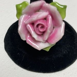 Vintage Ceramic Rose Ring, Adjustable